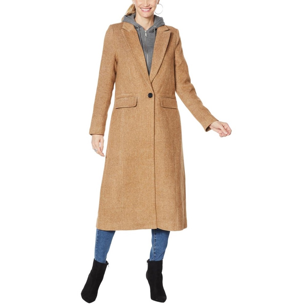 Avec les filles midweight coat with hood and notched lapels for a sleek style